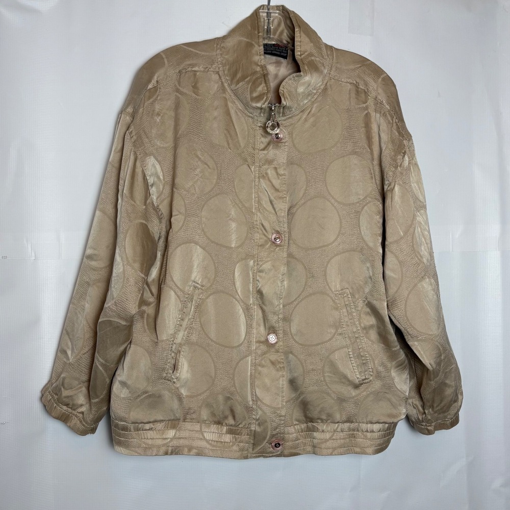 Mureli Vintage 100% Silk Polka Dot Jacquard Bomber Jacket Gold Beige Large